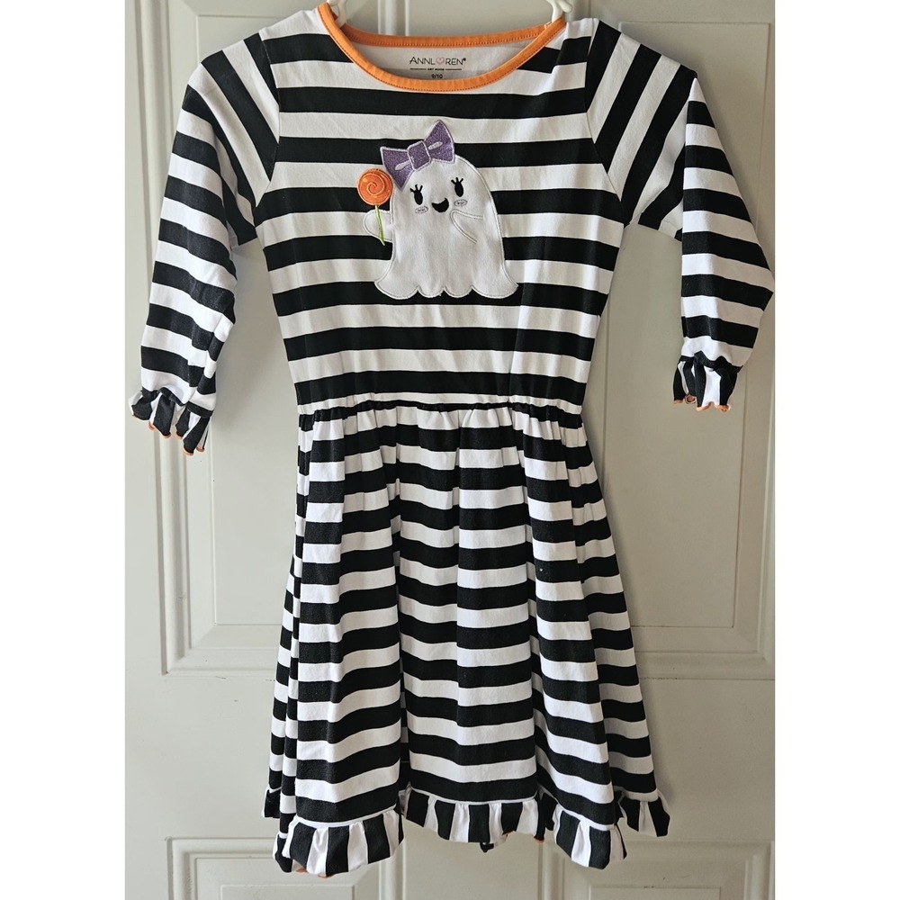 Ann Loren Girls Halloween Dress 9/10 Ghost Striped Black White Orange Boutique